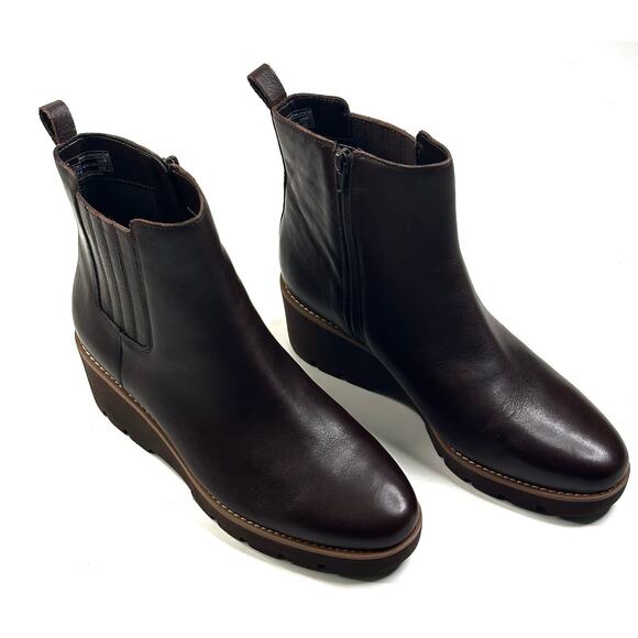 Vionic Aria Water Repellent Brown Leather Wedge Ankle Boots Womens 9.5 New $200 - Picture 1 of 15